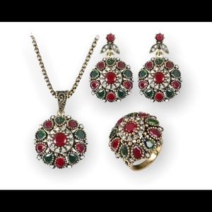 🍀3pcs Vintage Style Turkish Jewelry Set include Necklace Earring Ring(8)